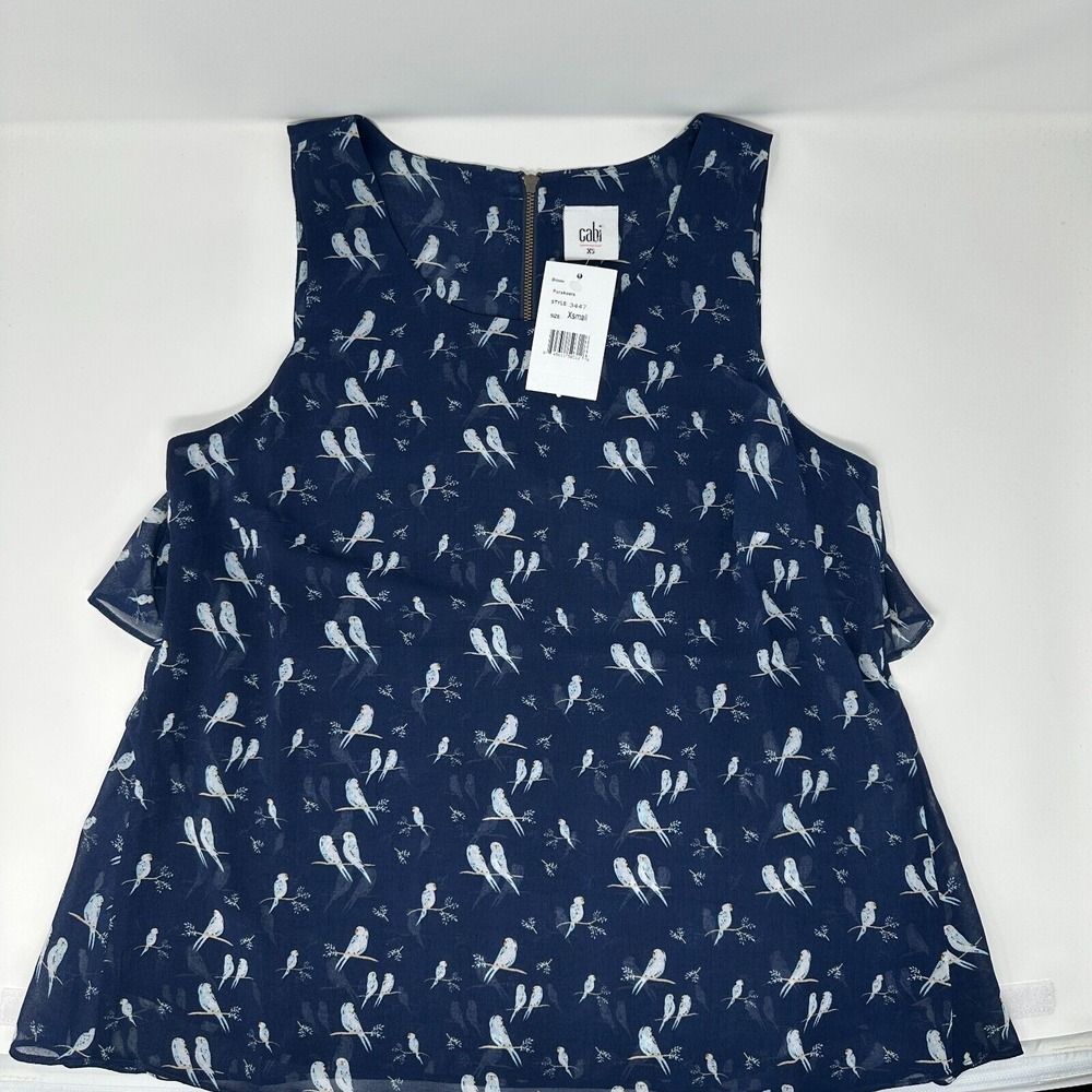 NWT Cabi #3447 Womens XS Blue Chirp Parakeet Bird Sleeveless Tiered Chiffon Tank
